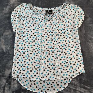 New Directions Petite White Blue Polka Dot Peasant Blouse PM